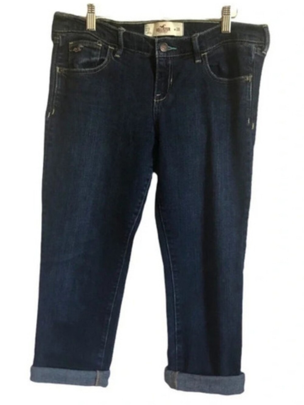 Hollister Social Stretch Jeans 28 Roll Cuff Cropped Capri Dark Blue Sz 7